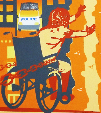 Section of the Bristol mural showing a woman sitting in a wheechair which is chained